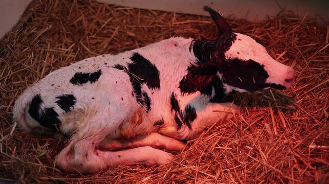 Slow motion newborn holstein calf resting and lifting head on straw bedding inside barn stall under red heat lamp.