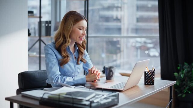 Sales manager talking virtual conference explaining strategy in office closeup.
