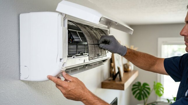 Closeup of minisplit air conditioner indoor unit with technicians hand changing filter focusing on seasonal preventive maintenance in a home setting.