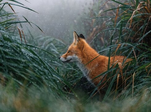 fox partially hidden in tall grass with mist, natural framing, moody atmosphere



