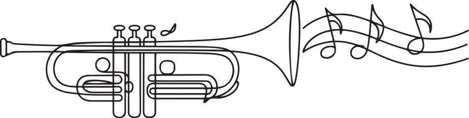 Minimalist continuous one-line drawing of a trumpet with sound waves and notes. Sleek black vector art for jazz, audio, and orchestral themes. one line art icon drawing vector © jinnatun
