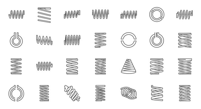 spring icons and coil designs a collection of various mechanical engineering components and industrial symbols on a white background.