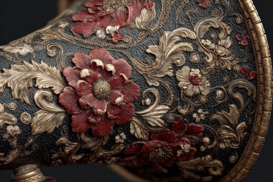 Ornate floral design on a vintage gramophone horn