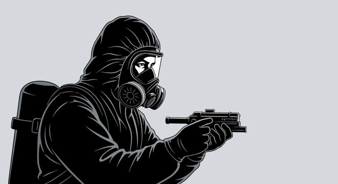 a security force operator in a full protective hazmat suit and gas mask aims a tactical weapon representing biohazard and emergency response and defense