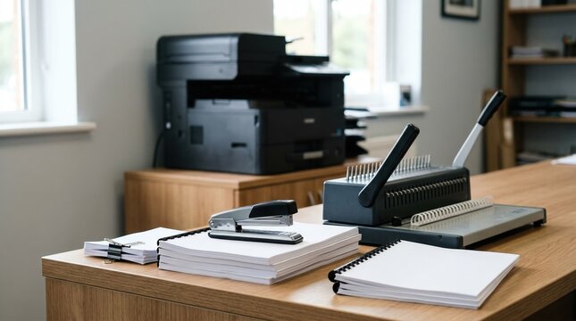 Light usage of the printing area with an idle printer and small piles of reports highlighting a clean stapler and a silent binding machine in crisp focus.