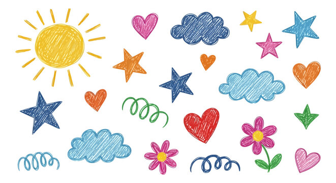 colorful hand-drawn crayon doodles collection with sun stars hearts clouds and flowers on white for playful kids art.