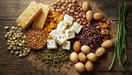Naklejka premium Organic protein food assortment with nuts seeds tofu eggs and beans arranged appetizingly