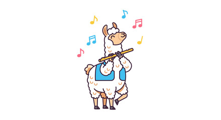 Fototapeta premium Cartoon llama playing a flute with musical notes illustration on white background