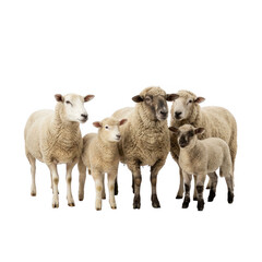Obraz premium A group of five sheep, consisting of adult ewes and lambs, are captured standing closely together against a transparent background.