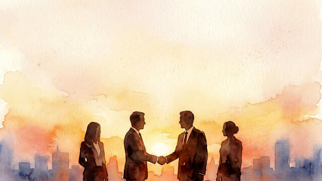Watercolor Business Handshake Silhouette at Sunset