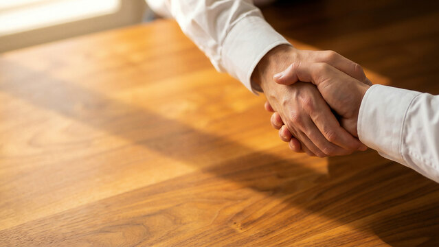 Close-Up Handshake Over Warm Wooden Table