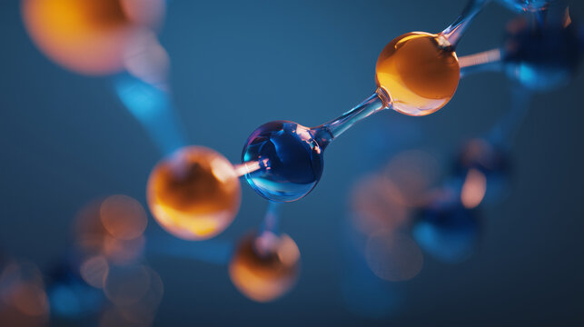 Abstract molecular structure with glowing blue and orange atoms, futuristic chemistry and biotechnology concept with transparent bonds, shallow depth of field and cinematic scienti