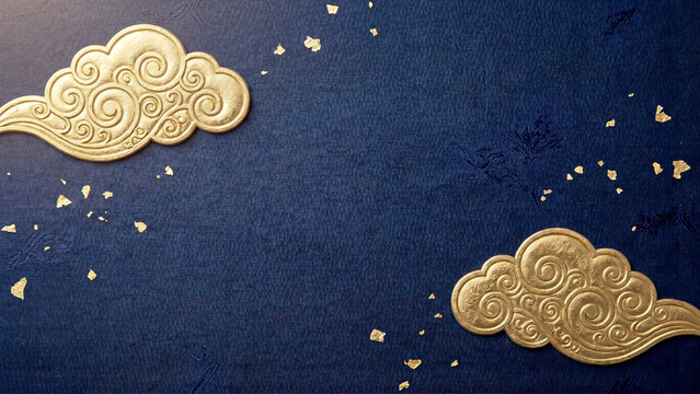 Gold Auspicious Clouds on Navy Blue Background