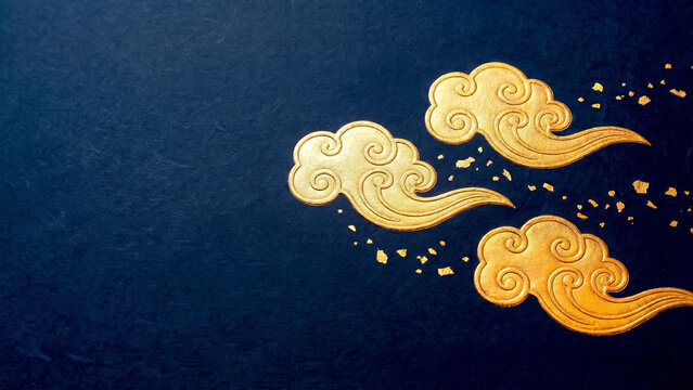 Gold Auspicious Clouds Flowing on Navy Textured Background