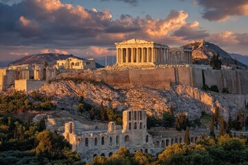 Fototapeta premium Sunset view of the Acropolis with ancient ruins
