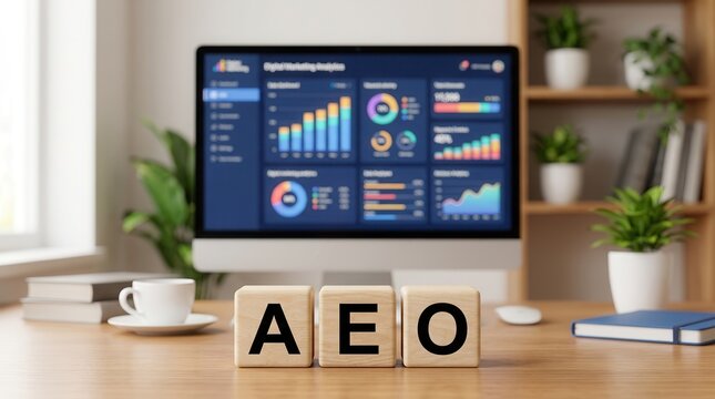 Answer Engine Optimization AEO concept displayed with wooden blocks and analytical dashboard.
