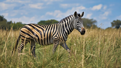 Obraz premium Zebra standing in tall grass savanna under blue sky, calm wild equine in natural habitat
