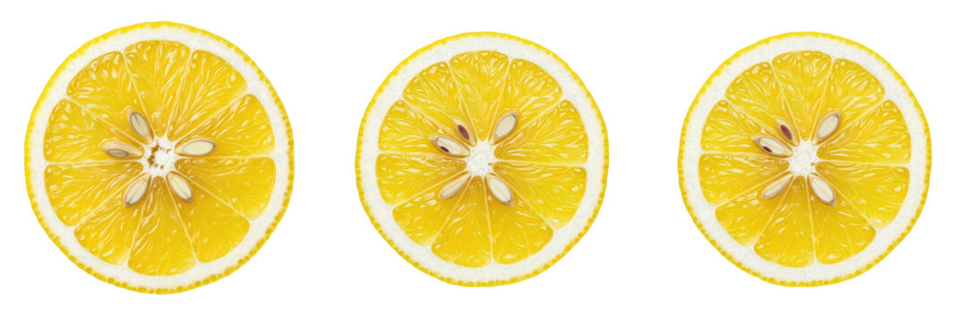 Fresh Sliced Yellow Lemon Cross Section with Seeds, Organic Citrus Fruit for Food and Drink Ingredients, Healthy Vitamin C Source Design Element on White Background.