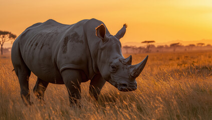 Fototapeta premium African rhinoceros at golden sunset in savanna