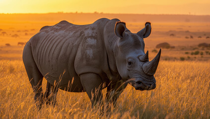 Obraz premium Young rhinoceros standing in golden savanna at sunset, calm and majestic