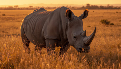 Obraz premium Massive African rhinoceros grazing in golden savanna at sunset, majestic mood