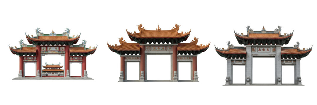 Traditional Chinese Architecture Gate with Roof Detail, Historical Oriental Entrance Design for Cultural Travel and Heritage Tourism, Asian Style Temple Gate Illustration Design.