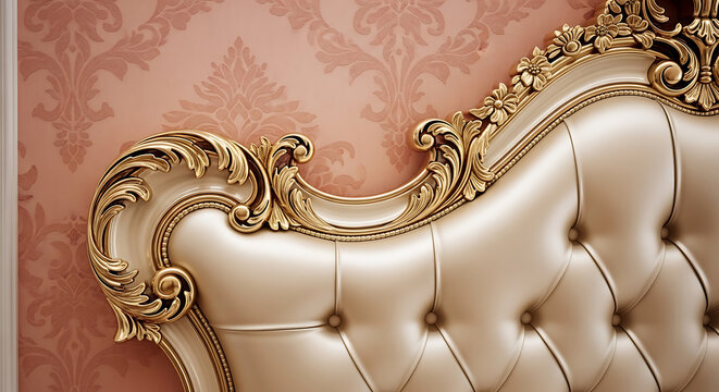 Ornate golden carved headboard of a luxury bed, detailed tufted cream upholstery against damask wallpaper