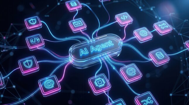 3D rendering of an artificial intelligence agent software interface showing workflow automation nodes.