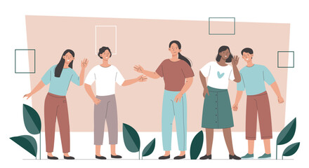 Fototapeta premium Illustration showing a group of people interacting in a simple flat style on a light backdrop, conveying community and communication concepts. Hand-drawn vector illustration