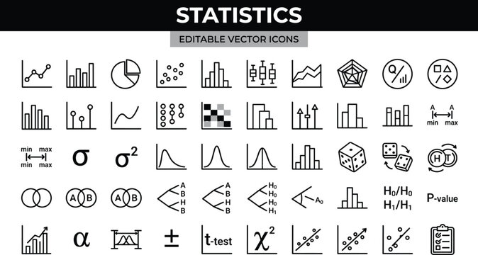A collection of various editable vector icons representing statistical concepts and data analysis