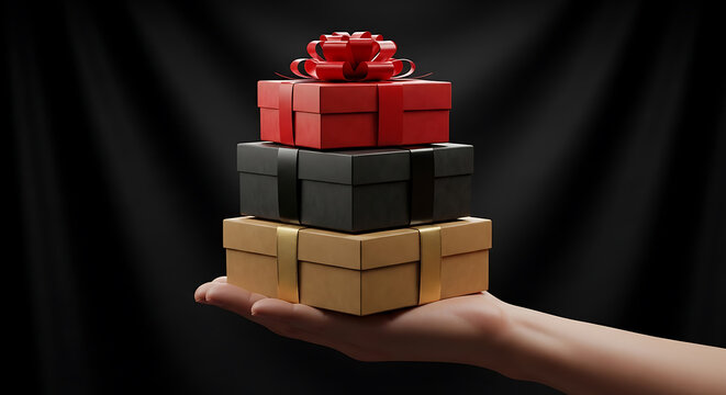 Hand holding stack of gift boxes with red ribbon bow on dark background for holiday promotions