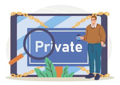 A man stands by a large locked screen showing a private sign in a cartoon style on a light background, expressing digital protection and privacy concepts. Hand-drawn vector illustration