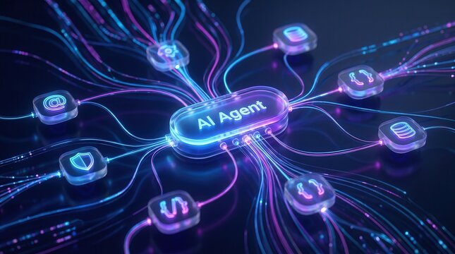Artificial intelligence agent workflow with data tool dashboard and coding icon flow process.