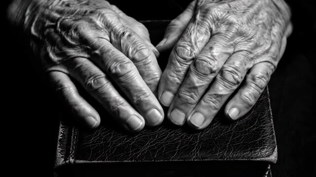 Wrinkled hands of an aged woman resting on an old book. Close up of elderly skin touching a textured leather cover. Reflection, faith and wisdom concept sequence.