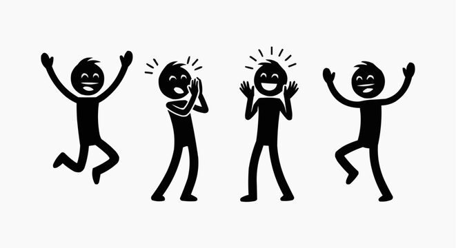 Joyful stick figures expressing excitement and happiness through various gestures