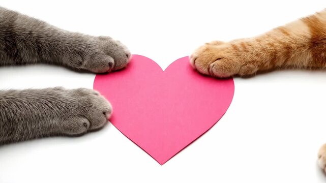 Grey cat and ginger cat touching a pink heart shape together. Adorable pet paws meeting over valentine symbol. Happy animal connection and friendship concept.