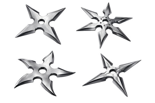 Collection of four metallic throwing stars, also known as shuriken, featuring sharp pointed blades and central circular holes. Presented on a transparent background for versatile design applications.