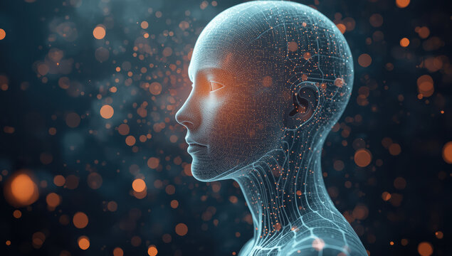 Digital consciousness human form profile with glowing neural mesh and bokeh lights