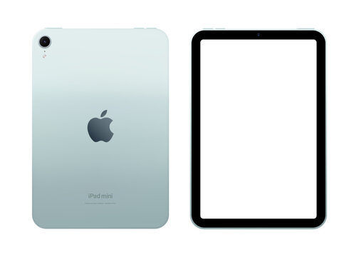Photorealistic detailed Apple iPad Mini 7 A17Pro 8.3 inches 2024 Blue mockup. Real dimentions. Front and rear view isolated on transparent background. Vector editorial PNG