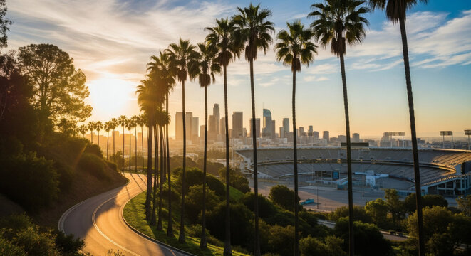 Los Angeles skyline and palm trees at sunset from Elysian Park
