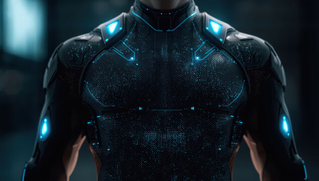 Futuristic armored torso with glowing blue circuitry and textured smart fabric, sleek high tech