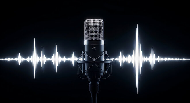 Vintage condenser microphone with soundwave reflection on dark studio background