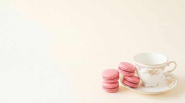 Elegant flat lay background with a porcelain tea cup and pink macarons. A chic and feminine composition for a sweet break.
