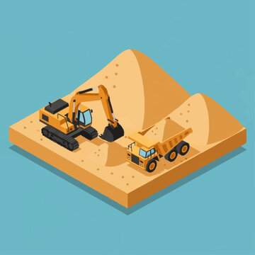 Isometric illustration of construction site with excavator and dump truck.