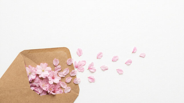 Flat lay background with an open kraft paper envelope and scattered cherry blossom petals. A delicate spring correspondence concept.