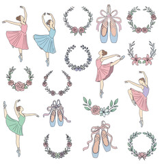 Ballet Dancer Poses with Floral Wreaths and Pointe Shoes Illustration © Tembok
