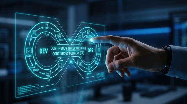 A hand interacting with a digital DevOps diagram showing continuous integration and continuous delivery.