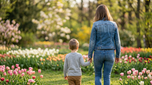 Mother and son walking hand in hand in a spring park, rear view. A peaceful moment of family bonding and togetherness.