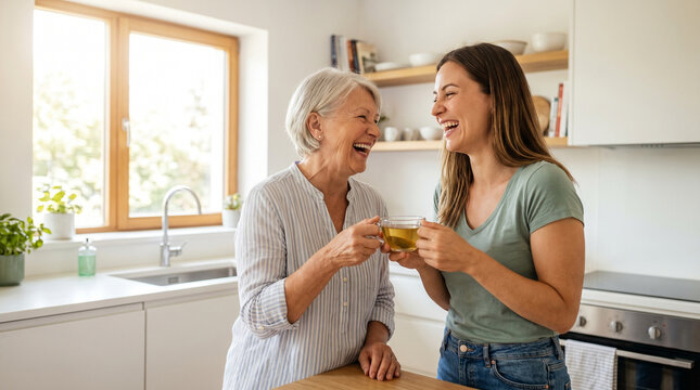 An elderly mother and her adult daughter laughing together in a modern kitchen with tea. A happy multi-generational family moment.