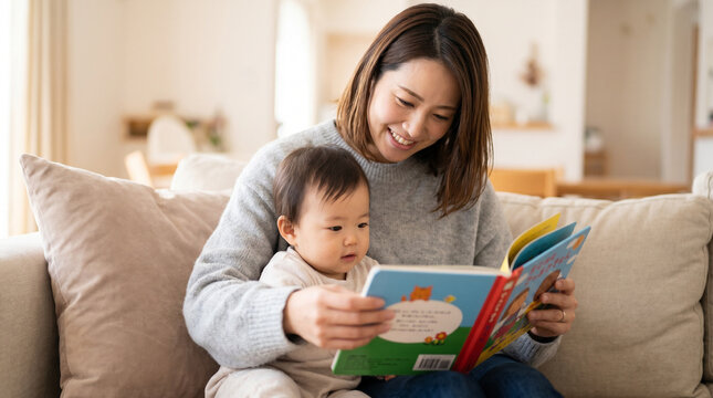 A smiling mother reading a colorful children's book to her baby on a sunny sofa. A sweet moment of early learning and bonding.